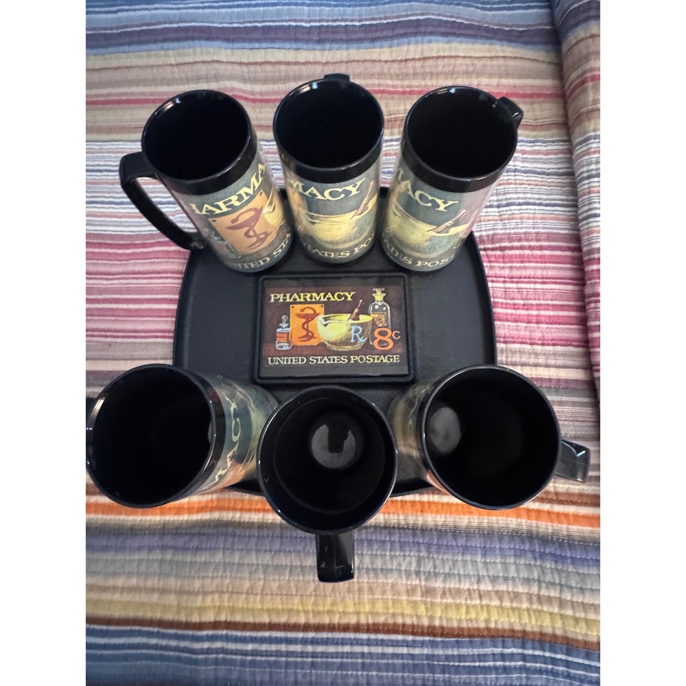 Vintage Pharmacy 8c US Postage Stamp Mug Set with Tray Apothecary Decor 7pc